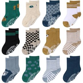 The Peanutshell Organic Baby Boy Socks 0-24 Months Set of 12 - Non-Slip Grip, 100% Cotton Newborn & Toddler Socks - Bold