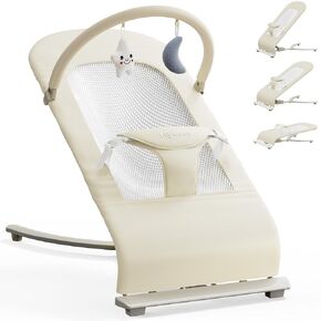 3-in-1 Portable Baby Bouncer & Rocker Chair for Newborn to Toddler - 4 Adjustable Recline Positions, Breathable Cotton Fabric, Natural Vibration, Supports Up to 33 lbs (Oatmeal Khaki)