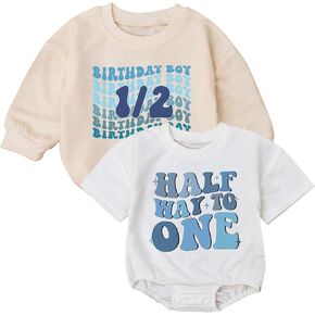2PCS Baby Girl Boy Halfway to One Birthday Rompers – 1/2 Way to One Bodysuit Outfit, Cute Sweatshirt Set
