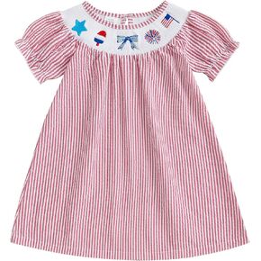 Toddler Little Baby Girl Summer Outfit Smocked Dress Puff Short Sleeve Stripes Dresses Kids Boutique Clothing