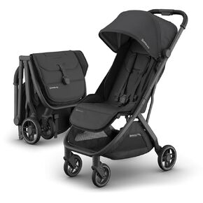 UPPAbaby Minu V3 Travel Stroller | Lightweight + Compact Design | One-Hand Fold + Unfold | from Birth + Overhead Compatible | Greyson (Charcoal Mélange/Carbon Frame/Saddle Leather)