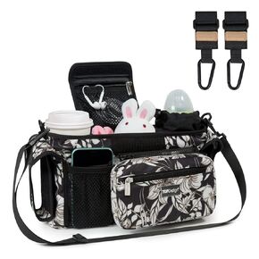 TOPDesign Universal Baby Stroller Organizer, Stroller Caddy with Detachable Mesh Bag & Heightened Insulated Cup Holders & Non-Slip Secure Hooks Accessories, Fits Most Strollers (Black)