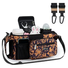 TopDesign Universal Baby Stroller ، Caddy Caddy مع حقيبة شبكية قابلة للفصل وحاملات الكأس المعزولة المرتفعة وملحقات السنانير الآمنة غير المنقولة ، تناسب معظم عربات العربات (أسود)