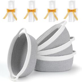 4 Pack Small Woven Basket with Handles, All 12"x 8"x 5", Cotton Rope Room Shelf Storage Basket, Cat Toys, Cute Baby Gift Basket with Gift Bags and Ribbons for Nursery, Empty Decorative Gift Chest Box