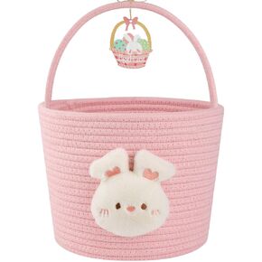 OIAHOMY Easter Basket with Handle, Personalized Bunny Easter Basket for Kids, Woven Rope Gift Empty for Eggs, Baby Treasure Hunt Baskets with Wooden Card for Boys and Girls - Pink