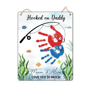 DIY Custom Baby Handprint Gift for Fishing Dad, Father's Day Craft Kid Handprints Making Sign, Hand Print Wooden Plaque for Daddy, Father's Day Birthday Gifts, Baby Toddler Keepsake, Hooked On Daddy