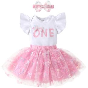 YOUNGER TREE Baby Girl 1st Birthday Outfits One Year Old Clothes Romper Tutu Cake Smash Skirt with Headband Baby Girl Gifts