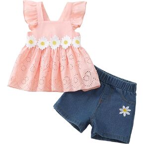 XUANHAO Baby Girl Clothes Toddler Girls Summer Outfits Infant Girls' Clothing Cute Ruffle Tops Daisy Shorts Sets 9M-3T