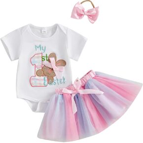 Infant Baby Girl Easter Outfit Short Sleeve Bunny Romper Tulle Tutu Skirt My First Easter Baby Girl Outfit