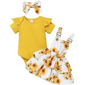 Baby Girl Clothes Cute Summer Outfits Short Sleeve Romper Adjustable Floral Overall Dress Headband 3PCS