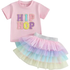 Kids Toddler Baby Girl Easter Outfits Letter Short Sleeve T-Shirt Tops Layered Tulle Tutu Skirt Set Summer Outfit