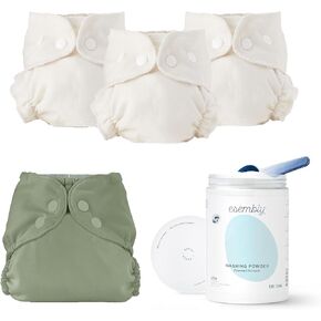 Esembly Cloth Diaper Bundle: 3 Organic Absorbent Inners (Size 1, 7-17lbs), 1 Waterproof Recycled Diaper Cover (Aloe), and 3lbs Refillable Laundry Detergent Canister