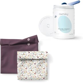 Esembly Eco-Friendly Bundle: 3lbs Cloth Diaper Laundry Detergent Canister and 2-Pack Reusable Snack & Sammy Pouches (Terrazzo, Plum)