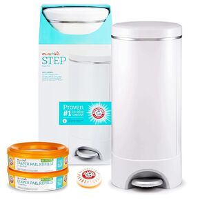 Munchkin® Step™ Diaper Pail Powered by Arm & Hammer, #1 in Odor Control, Award-Winning, Includes 1 Snap, Seal & Toss™ Bag, 2 Refill Rings, 1 Starter Refill Ring, and 2 Puck™ Baking Soda Cartridges