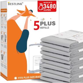 5 Pack Refills Compatible with DEKOR CLASSIC Diaper Pails | 20% Extra Length Diaper Pail Refill Bags Liners Holds 2970 Diapers | Ultimate Odor Control with Baby Scented
