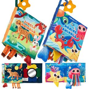hahaland Baby Toys 0-6 Months - Crinkle Books for Babies 2PCS, Tails Sensory Book 6-12 Months - Soft, Tummy Time, Montessori Toys 0-12 Month - Newborn Twin Boys Gifts Infant Easter Basket Stuffers