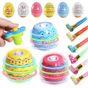 Easter Eggs Toys,6Pack Easter Egg Spinning Tops with Flash & Music,Easter Gifts for Kids Easter Basket Essentials Stuffers,Easter Egg Hunt Party Favors Supplies Prize,Extra Gift of 6PCS Party Blowers