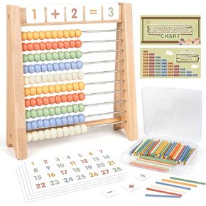 Abacus for Kids Math - Wooden Abacus with 100 Counting Sticks and 112 Math Cards, Counting Toys for Preschool Learning, Educational Math Toys for Developing Fine Motor Skills, Math Calculation