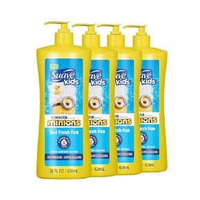 Suave Kids Minions 3-in-1 الشامبو والبلسم وغسل الجسم ، للتطهير الخالي من الدمعة ولطيف ، 28 أوقية (حزمة 4)