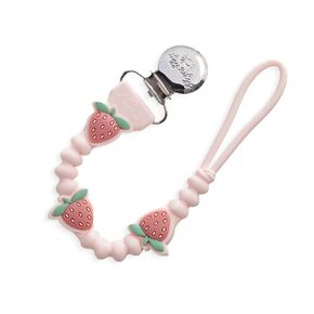 Itzy Ritzy Silicone Pacifier Clip; 100% Food Grade Silicone Pacifier Strap with Clip Keeps Pacifiers, Teethers & Small Toys in Place; Features One-Piece Design & Cord (Strawberry)