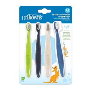 Dr. Brown's Infant-to-Toddler Toothbrush Set, Soft & Gentle Manual Toothbrushes for Baby, Pink/Ecru/Purple/Dark Green, BPA Free, 0-3 Years – 4-Pack