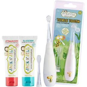 Jack N' Jill Tickle Tooth Toddler Toothbrush & Toothpaste Set - Baby Electric Toothbrush, Natural Toothpaste for Kids, Made for Tiny Teeth, Organic Fruit Flavor (Strawberry & Blueberry)