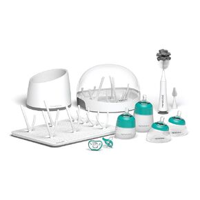 Nanobébé Breastmilk and Silicone Baby Bottle Ultimate Set Gen 2, 5oz and 9oz - with Sterilizer, Drying Rack, Anti-Colic Nipples, Pacifiers, and Warmer - Teal/Grey
