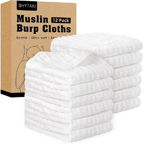 BHYTAKI Muslin Burp Cloths for Baby Boys & Girls Essentials Large 100% Cotton Burp Rags, 6 Layers Extra Absorbent and Soft burping Cloths for Babies (White, 12-Pack 20"X10")