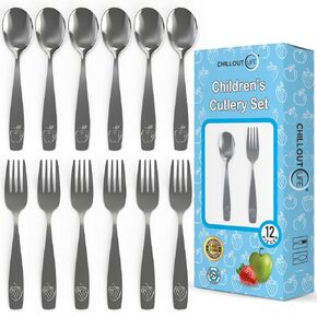 CHILLOUT LIFE Stainless Steel Kids Silverware Set 6 Pieces - Child and Toddler Safe Flatware - Kids Utensil Set - Metal Kids Cutlery Set (Includes 3 Small Kids Spoons & Kids 3 Forks)