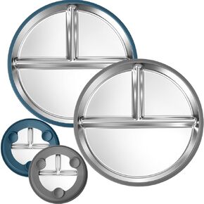 BUSOHA 3 Pack Stainless Steel Kids Plate with Suction - 9" Divided Toddler Baby Plates with Silicone Sleeves Non-Slip 2-in-1 Anti Breakage Metal Toddler Bowls Microwave Dishwasher Safe