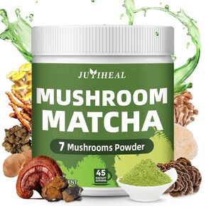 Juyiheal Mushroom Matcha 8 أوقية | Matcha اليابانية Matcha غرست مع 7 فطر Superfood ، زيت MCT ، مسحوق حليب جوز الهند | الطاقة ، التركيز ، الهضم ، المناعة (45 حصص)
