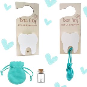 3 Pcs Tooth Fairy Door Hanger, Tooth Holder with Tooth-Storage Bottle Velvet Pouch& Money Slot Keepsake,Wooden Tooth Door Hanger for Kids' First Lost Teeth, Tooth Fairy Gifts for Boy and Girl(Pink)