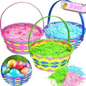 3Pcs Easter Plaid Baskets with Grass for Kids, Handle Round Woven Goodie Basket, Easter Empty Gift Basket for Easter Egg Hunt, Kids Easter Party Treats Picnic
