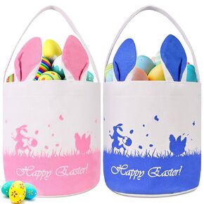 2 Pack Easter Bunny Baskets for Kids - Easter Basket Bags with Handles, Canvas Rabbit Tote Bags for Easter Egg Hunts, Party Gifts, and Storage (Empty) (Pink+Blue)