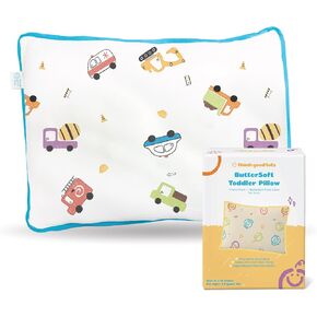 Toddler Pillow with Pillowcase 13x18 - Kids Sleeping Pillow - Soft Breathable Cotton - Ergonomic Neck Support - (Trucks and Toys)