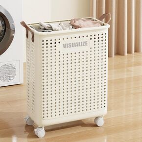 Collapsible Laundry Basket with Wheels and Handle, Plastic Foldable Laundry Hamper, Versatile Portable Storage Basket, Durable and Practical for Laundry and Bathroom (Delicate-54L)