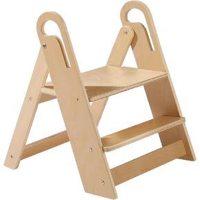 Wooden Step Stool for Toilet, 2-Step Toddler Stool with Handles, Foldable Kids Step Stool for Potty Training, Sturdy Child Stepping Stool for Bathroom Sink, Kitchen Counter and Bedroom, Natural