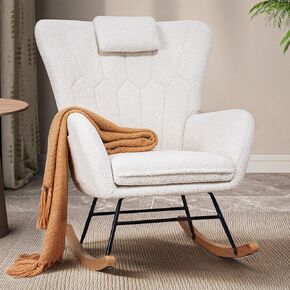 VECELO Rocking Chair Nursery with Thick Headrest, Modern Teddy Upholstered Reading Glider Rocker Accent Armchair with High Backrest, Padded Seat, Side Pocket, for LivingRoom, Bedroom, Baby Room, Brown