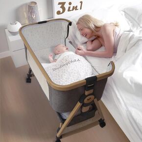 سرير Bassinet Babyborn المحمول ، 3 في 1 سرير سرير قابلة للتحويل: سرير نائم مشترك ، مهد هزاز ومتحرك. قابلة للطي ، عجلات قوية قوية ، مرتبة وشبكة البعوض. الانتهاء من الخشب والنسيج الرمادي المتين