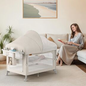 4 in 1 Baby Bassinet, Pack and Play, Bedside Crib Sleeper, Diaper Changer, Quickly Assembled and Folded Portable Crib with Mattress and Mosquito Net, Easy to Carry