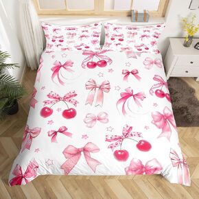 Manfei Pink Bows Duvet Cover Set Toddler Size, Red Cherry Bow Bedding Set 2pcs, Fashion Bowknot Comforter Cover, Kids Girls Princess Room Decor, Lightweight Bedspread Cover, 1 Pillowcase, No Comforter