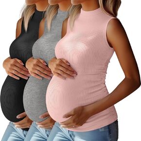 Riyiper 3 Pack 92% Cotton Mock Turtleneck Maternity Tank Tops, Ribbed Sleeveless Side Ruched Slim Pregnancy Shirts for Women