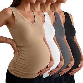 Ficerd 4 Pack Women's Maternity Tank Tops V Neck Side Ruched Sleeveless Cotton Basic Pregnancy Shirts Summer