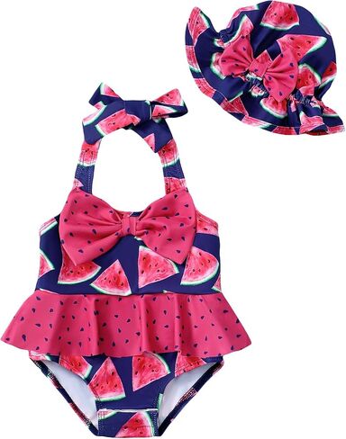 Kucnuzki Baby Girl Swimsuit Newborn One Piece Bathing Suit Bow Tie Bikini Tankini Infant Swimwear with Hat in Kuwait