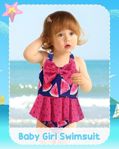 Kucnuzki Baby Girl Swimsuit Newborn One Piece Bathing Suit Bow Tie Bikini Tankini Infant Swimwear with Hat in Kuwait