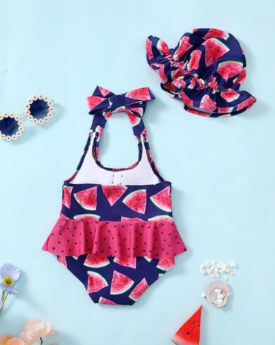 Kucnuzki Baby Girl Swimsuit Newborn One Piece Bathing Suit Bow Tie Bikini Tankini Infant Swimwear with Hat in Kuwait