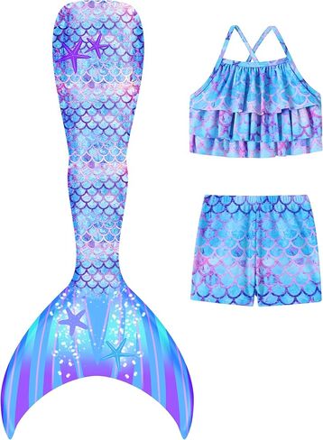 Girls Tankini Swimsuit 3 Piece Mermaid Bathing Suit Kids Ruffle Top with Shorts Fish Tail Set Swimwear in Kuwait