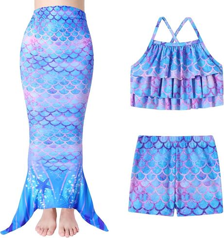 Girls Tankini Swimsuit 3 Piece Mermaid Bathing Suit Kids Ruffle Top with Shorts Fish Tail Set Swimwear in Kuwait