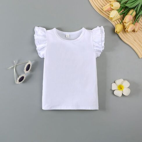 12M-7Y Toddler Baby Girls Ruffle Round Neck Blouse Kids Girl Solid Color Short T-Shirts Casual Tee Tops Bottom in Kuwait