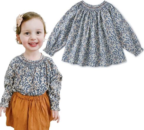 Curipeer Baby Girl Floral Blouse Peter Pan Collar Long Sleeve Smocked Tops for Toddler Girls in Saudi Arabia